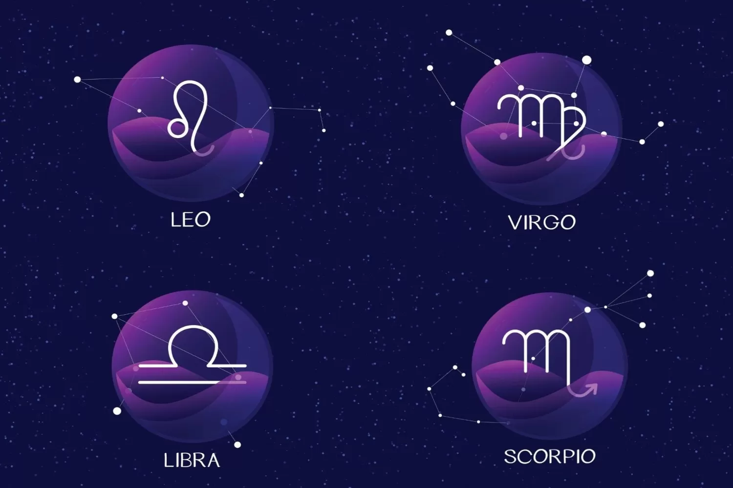 Ilustrasi Simbol Zodiak Leo, Virgo, Libra, Dan Scorpio Dengan Latar Astrologi
