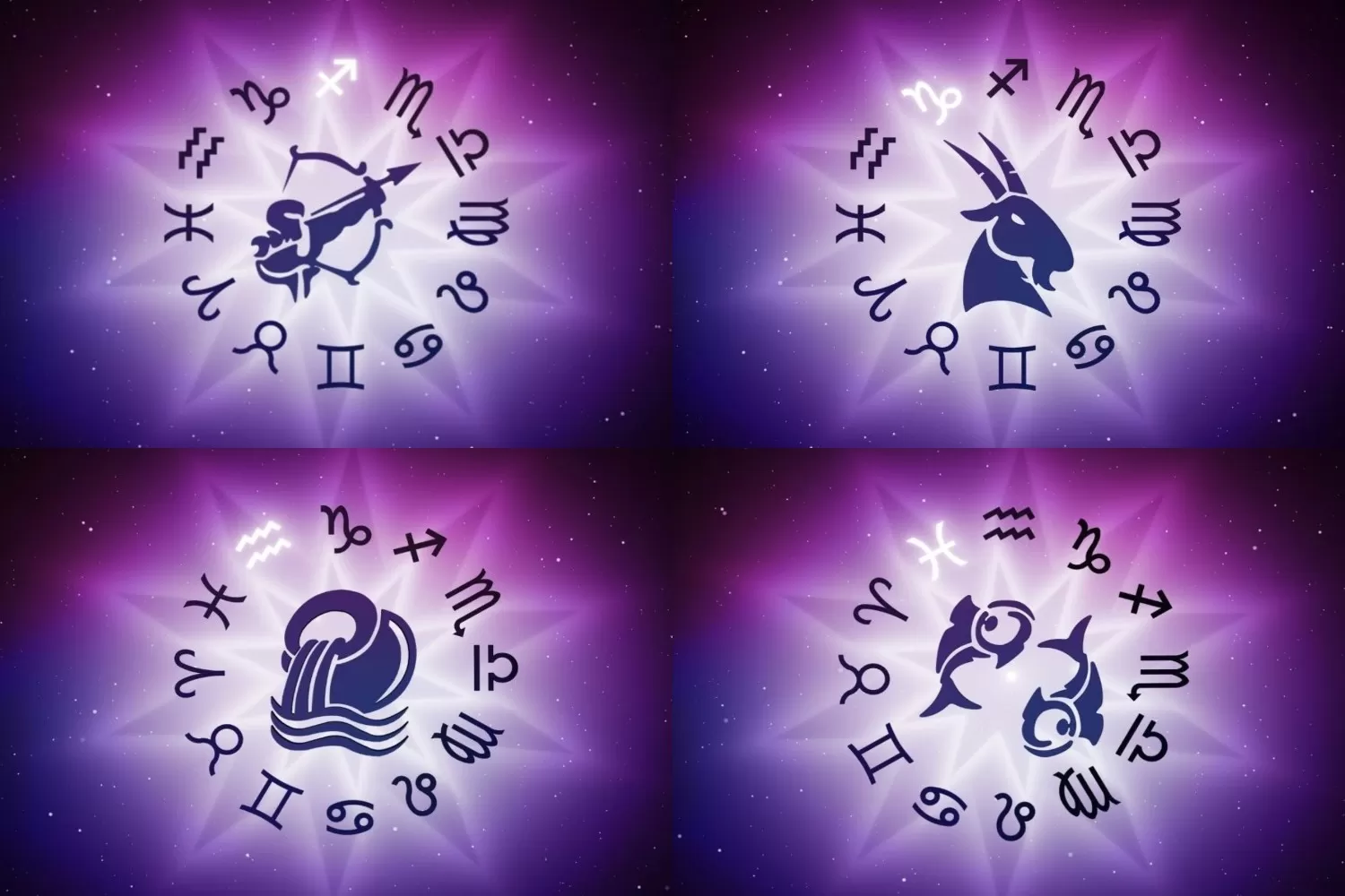 Ilustrasi Simbol Zodiak Sagitarius, Capricorn, Aquarius, Dan Pisces Dengan Latar Astrologi Modern