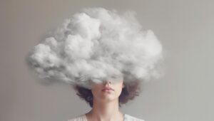 Ilustrasi Seseorang Kehilangan Fokus Akibat Brain Fog Dalam Suasana Gelap Dan Penuh Tekanan