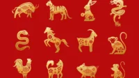 Ilustrasi Simbol Enam Shio Beruntung Dengan Ornamen Emas Dan Warna Merah Keberuntungan