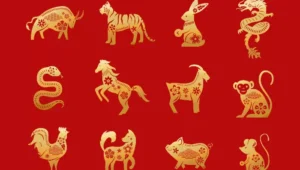 Ilustrasi Simbol Enam Shio Beruntung Dengan Ornamen Emas Dan Warna Merah Keberuntungan