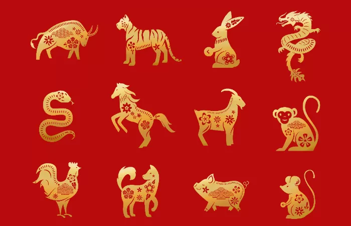 Ilustrasi Simbol Enam Shio Beruntung Dengan Ornamen Emas Dan Warna Merah Keberuntungan