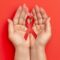 Ilustrasi Virus Hiv Dengan Latar Merah Dan Ikon Pita Merah Tanda Kesadaran Aids