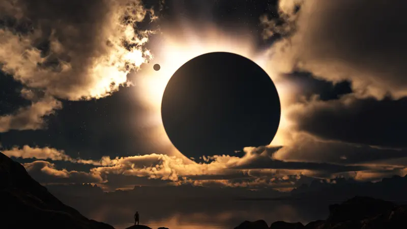 Langit Gelap Saat Gerhana Matahari Total Dengan Siluet Bulan Menutupi Matahari