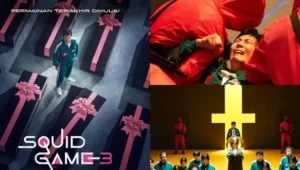Poster Squid Game Season 3 Dengan Simbol Permainan Dan Wajah Seong Gi Hun Yang Suram