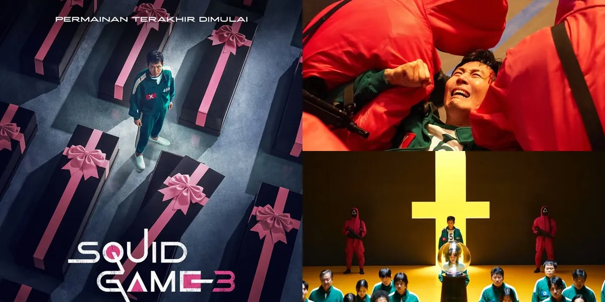 Poster Squid Game Season 3 Dengan Simbol Permainan Dan Wajah Seong Gi Hun Yang Suram