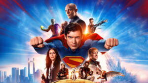 Poster Film Superman 2025 Dengan Siluet Pahlawan Terbang Di Langit Malam
